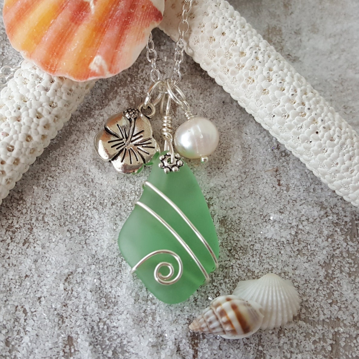 Vintage Sea Glass Earrings + Necklace Set by Sea store & Glass, handmade in Oahu