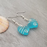 Hawaiian Jewelry Sea Glass Earrings, Wire Twin Heart Earrings Turquoise Earrings Blue Earrings, Beach Jewelry (December Birthstone Jewelry)