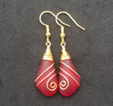 Hawaiian Jewelry Sea Glass Earrings, Gold Wire Wrapped Swirls Ruby Red Earrings, Beach Jewelry For Women (July Birthstone Jewelry)