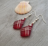 Hawaiian Jewelry Sea Glass Earrings, Wire Cross Earrings Red Earrings, Sea Glass Jewelry Beach Jewelry, Birthday(January Birthstone Jewelry)