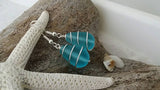 Made in Hawaii, Wire wrapped blue sea glass earrings,    gift box.beach jewelry.Gift for her.