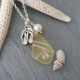 Hawaiian Jewelry Sea Glass Necklace, Wire Yellow Necklace Island-Lifestyle Pearl Flip Flop Necklace, Sea Glass Jewelry (November Birthstone)