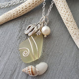 Hawaiian Jewelry Sea Glass Necklace, Wire Yellow Necklace Island-Lifestyle Pearl Flip Flop Necklace, Sea Glass Jewelry (November Birthstone)