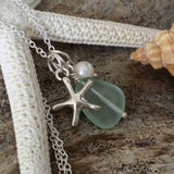 Hawaiian Jewelry Sea Glass Necklace, Seafoam Necklace, Pearl Starfish Necklace, Beach Jewelry Handmade Necklace Sea Glass Jewelry For Women