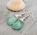 Handmade in Hawaii, TOP Wire wrapped Aqua  sea glass earrings, "Aqua Birthstone" (Hawaii Gift Wrapped, Customizable Gift Message)