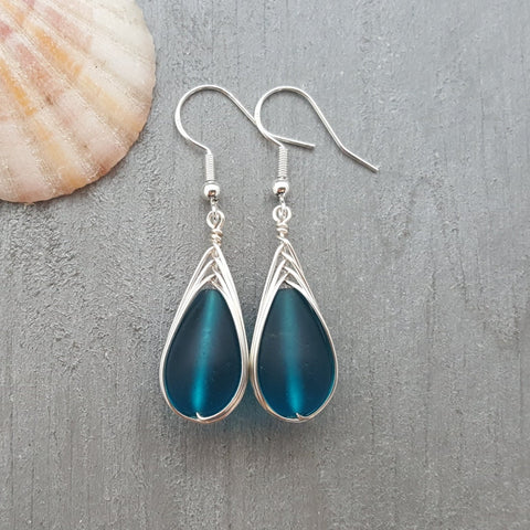 Hawaiian Jewelry Sea Glass Earrings, Braided Teal Earrings Teardrop Earrings, Sea Glass Jewelry For Women Unique Earrings Beach Jewelry