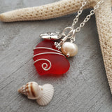 Hawaiian Jewelry Sea Glass Necklace, Wire Red Necklace Heart Necklace, Hibiscus Pearl Necklace, Beach Jewelry (January Birthstone Jewelry)