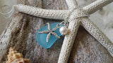 Made in Hawaii, Blue sea glass necklace, Starfish  charm, Fresh water pearl,   gift box, Hawaii beach jewelry gift