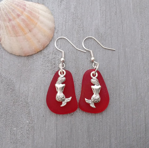 Hawaiian Jewelry Sea Glass Earrings, Red Earrings Mermaid Earrings, Sea Glass Jewelry Beach Jewelry Unique Birthday Gift(January Birthstone)