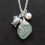 Handmade in Hawaii, Wire wrapped Genuine surf tumbled natural sea glass. Sea turtle charm, Natural pearl, Sea glass jewelry