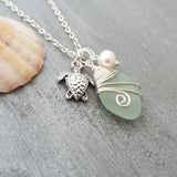 Handmade in Hawaii, Wire wrapped Genuine surf tumbled natural sea glass. Sea turtle charm, Natural pearl, Sea glass jewelry