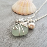 Handmade in Hawaii, Wire wrapped Genuine surf tumbled natural sea glass. Sea turtle charm, Natural pearl, Sea glass jewelry