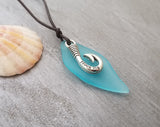 Handmade in Hawaii, leather cord unisex blue sea glass necklace, fish hook charm, unisex jewelry, birthday gift, Gift Wrapped in Hawaii