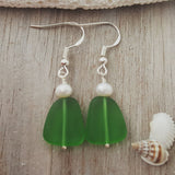 Hawaiian Jewelry Sea Glass Earrings, Light Weight Pearl Emerald Earring Sea Glass Jewelry For Women Beach Jewelry (May Birthstone Jewelry)