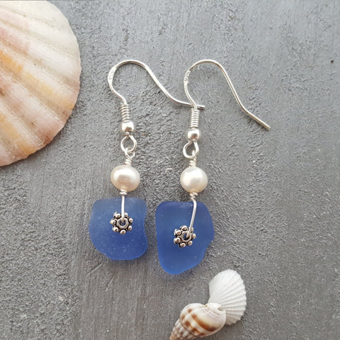 Handmade in Hawaii,, Genuine surf tumbled natural Cobalt sea glass earrings, Rare match for a nice pair, Natural pearl, Birthday Gift