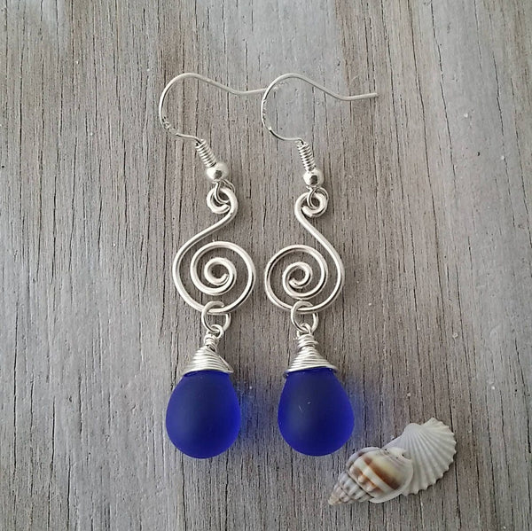 Stacked Cobalt Blue Genuine Sea Glass Earrings with Vintage Mother of Pearl and Waves, Sterling Silver Wave Leverback Earrings shipping