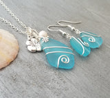 Made in Hawaii, Wire wrapped blue sea glass necklace + earrings jewelry set, Hibiscus charm and Natural Pearl, Birthday Gifts