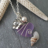 Hawaiian Sea Glass Jewelry, "Magical Color Changing" Wire Wrapped Purple Necklace Heart Necklace, Hibiscus Pearl Necklace Sea Glass Necklace