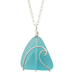 Handmade in Hawaii, wire wrapped ocean wave blue sea glass necklace, Sea glass jewelry, gift box