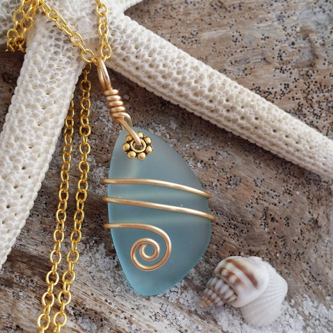 Handmade in Hawaii, Wire wrapped Turquoise Bay blue sea glass necklace –  yinahawaii