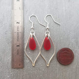 Hawaiian Jewelry Sea Glass Earrings, Wire Loop Red Earrings, Sea Glass Jewelry Beach Jewelry,  Birthday Gift (January Birthstone Jewelry)