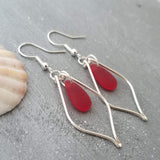 Hawaiian Jewelry Sea Glass Earrings, Wire Loop Red Earrings, Sea Glass Jewelry Beach Jewelry,  Birthday Gift (January Birthstone Jewelry)