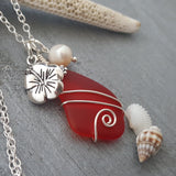 Hawaiian Jewelry Sea Glass Necklace, Wire Ruby Red Necklace Hibiscus Pearl Necklace, Beach Jewelry Sea Glass Jewelry (July Birthstone Gift)