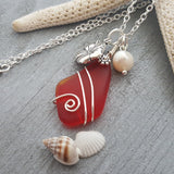 Hawaiian Jewelry Sea Glass Necklace, Wire Ruby Red Necklace Hibiscus Pearl Necklace, Beach Jewelry Sea Glass Jewelry (July Birthstone Gift)