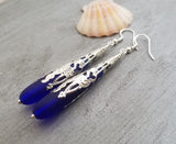 Hawaiian Jewelry Sea Glass Earrings, Cobalt Blue Earrings Long Teardrop Earrings, Sea Glass Jewelry Beach Jewelry(September Birthstone Gift)